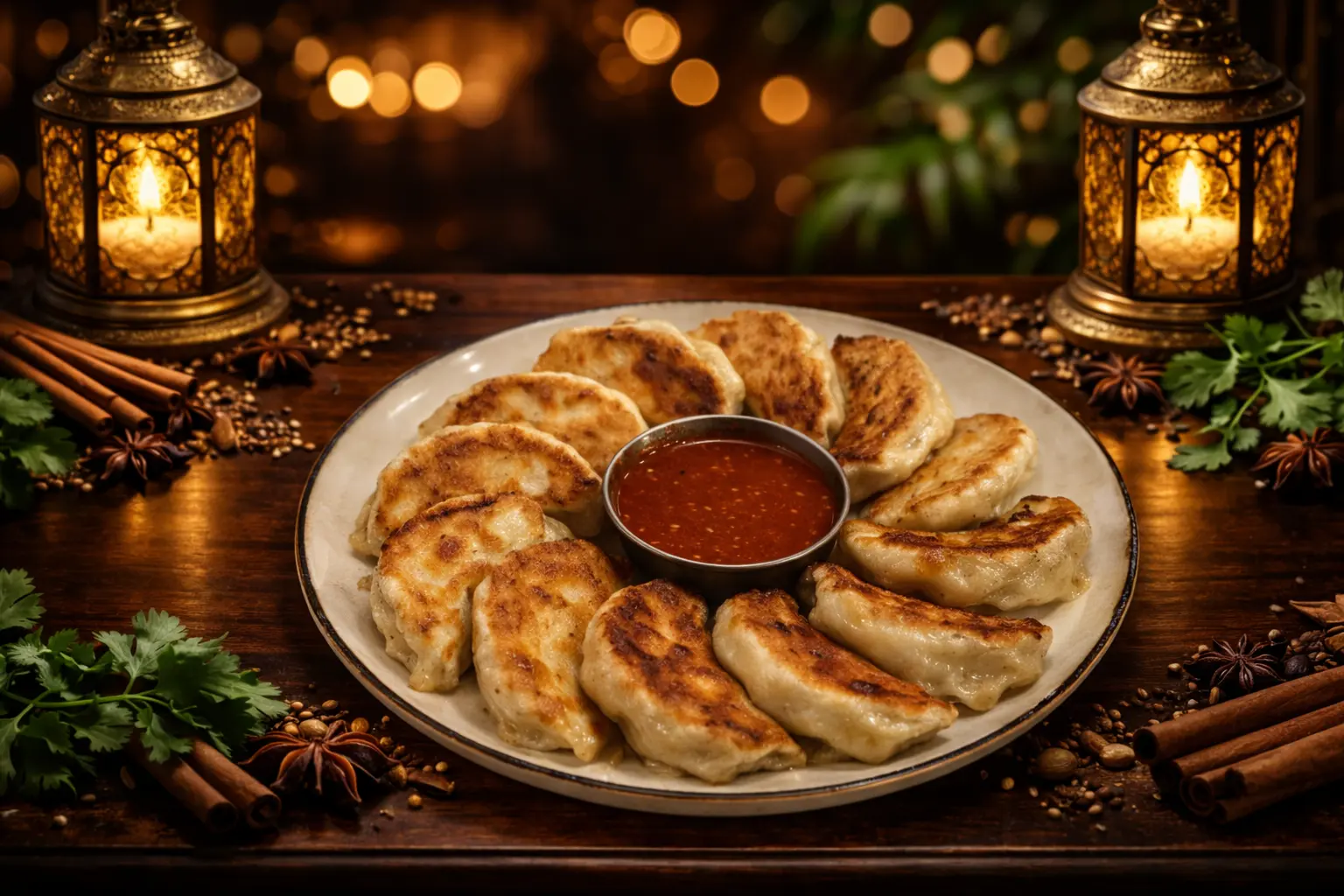 Traditional Nepalese MoMo dumplings with spicy tomato chutney